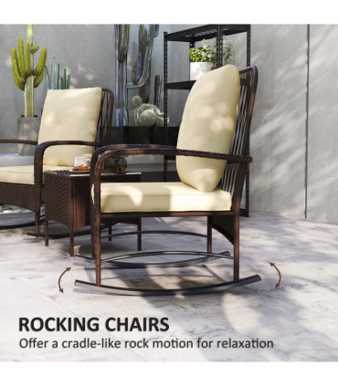 Outsunny Rattan Bistro Set Balcony Furniture with Rocking Chairs, Brown