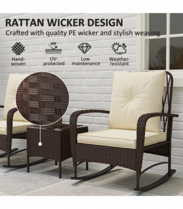 Outsunny Rattan Bistro Set Balcony Furniture with Rocking Chairs, Brown