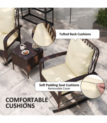 Outsunny Rattan Bistro Set Balcony Furniture with Rocking Chairs, Brown