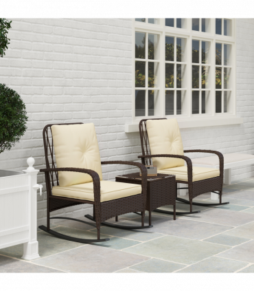 Outsunny Rattan Bistro Set Balcony Furniture with Rocking Chairs, Brown