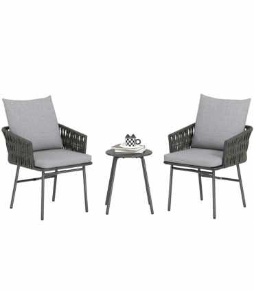 Outsunny Rattan Bistro Set, Balcony Table and Chairs with 4 Cushions, Grey
