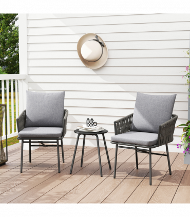 Outsunny Rattan Bistro Set, Balcony Table and Chairs with 4 Cushions, Grey