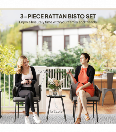 Outsunny Rattan Bistro Set, Balcony Table and Chairs with 4 Cushions, Grey