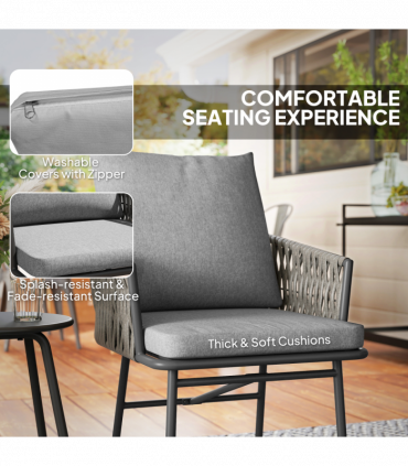 Outsunny Rattan Bistro Set, Balcony Table and Chairs with 4 Cushions, Grey