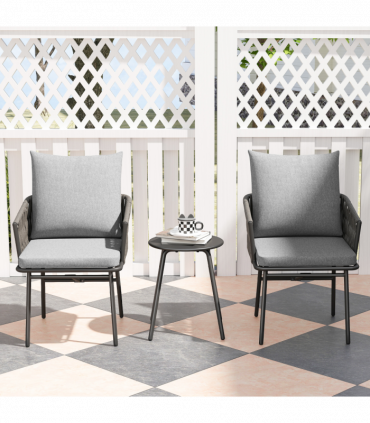 Outsunny Rattan Bistro Set, Balcony Table and Chairs with 4 Cushions, Grey
