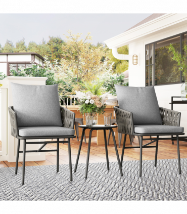 Outsunny Rattan Bistro Set, Balcony Table and Chairs with 4 Cushions, Grey