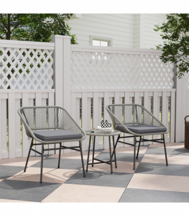 Outsunny Rattan Bistro Set, Small Balcony Furniture with Cushion, Light Grey