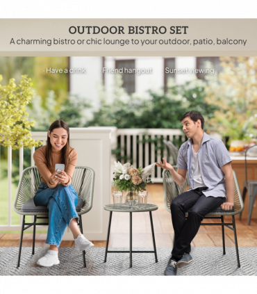Outsunny Rattan Bistro Set, Small Balcony Furniture with Cushion, Light Grey