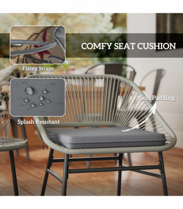 Outsunny Rattan Bistro Set, Small Balcony Furniture with Cushion, Light Grey