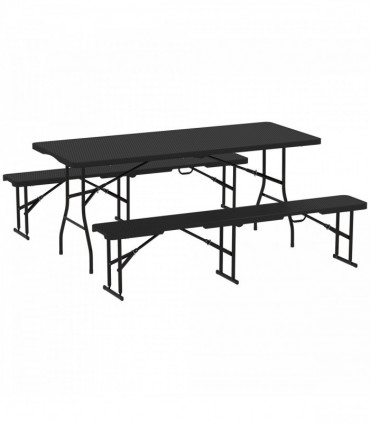 Outsunny Rattan Effect Folding Picnic Table and Bench Set w/ Handles, Black
