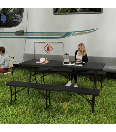 Outsunny Rattan Effect Folding Picnic Table and Bench Set w/ Handles, Black