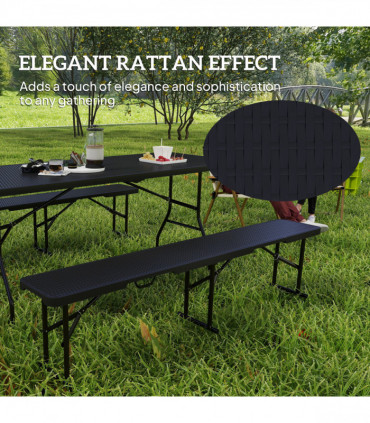 Outsunny Rattan Effect Folding Picnic Table and Bench Set w/ Handles, Black