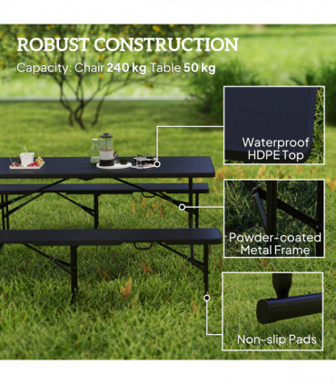 Outsunny Rattan Effect Folding Picnic Table and Bench Set w/ Handles, Black