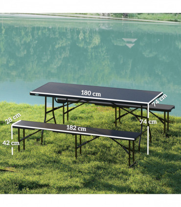 Outsunny Rattan Effect Folding Picnic Table and Bench Set w/ Handles, Black