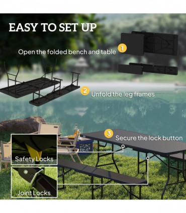Outsunny Rattan Effect Folding Picnic Table and Bench Set w/ Handles, Black