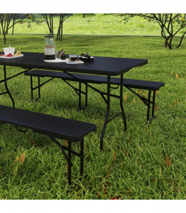Outsunny Rattan Effect Folding Picnic Table and Bench Set w/ Handles, Black