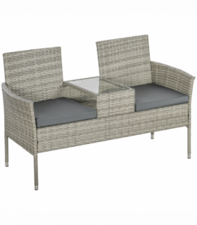 Outsunny Rattan Garden Bench w/ Glass Tea Table, Wicker Chair w/ Cushions Grey