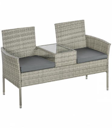 Outsunny Rattan Garden Bench w/ Glass Tea Table, Wicker Chair w/ Cushions Grey