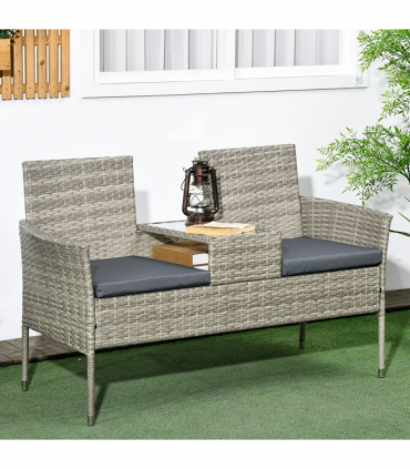 Outsunny Rattan Garden Bench w/ Glass Tea Table, Wicker Chair w/ Cushions Grey