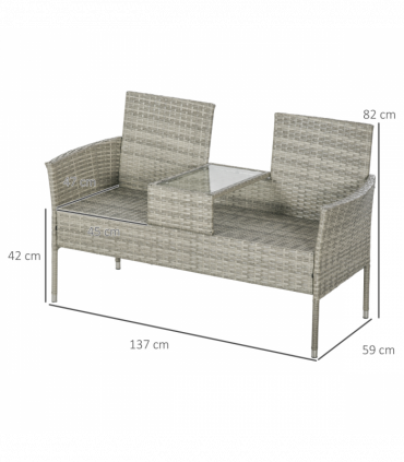 Outsunny Rattan Garden Bench w/ Glass Tea Table, Wicker Chair w/ Cushions Grey