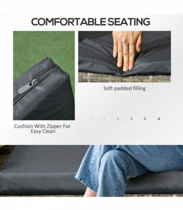 Outsunny Rattan Garden Bench w/ Glass Tea Table, Wicker Chair w/ Cushions Grey