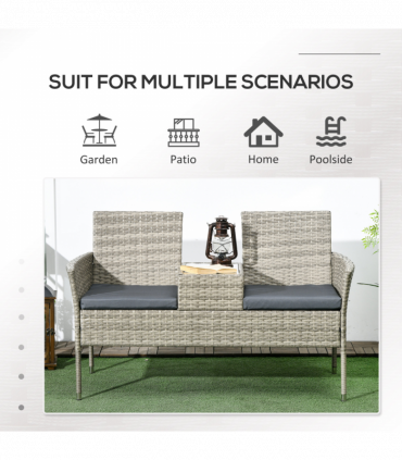 Outsunny Rattan Garden Bench w/ Glass Tea Table, Wicker Chair w/ Cushions Grey