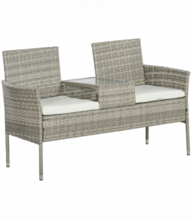 Outsunny Rattan Garden Bench w/ Glass Tea Table, Wicker Chair w/ Cushions, Grey