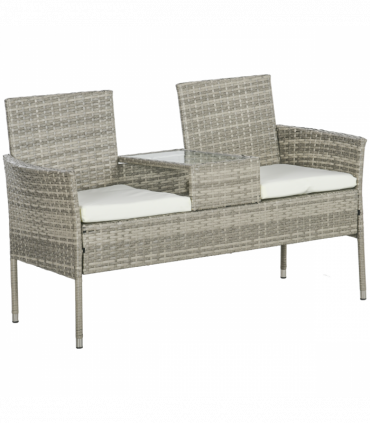 Outsunny Rattan Garden Bench w/ Glass Tea Table, Wicker Chair w/ Cushions, Grey