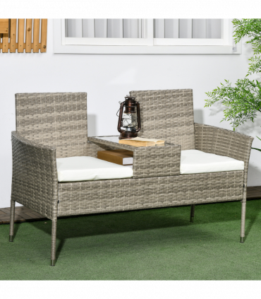 Outsunny Rattan Garden Bench w/ Glass Tea Table, Wicker Chair w/ Cushions, Grey