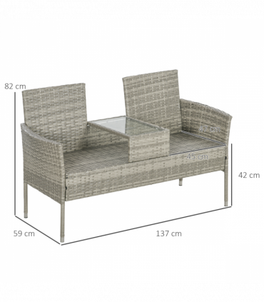 Outsunny Rattan Garden Bench w/ Glass Tea Table, Wicker Chair w/ Cushions, Grey