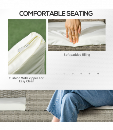 Outsunny Rattan Garden Bench w/ Glass Tea Table, Wicker Chair w/ Cushions, Grey