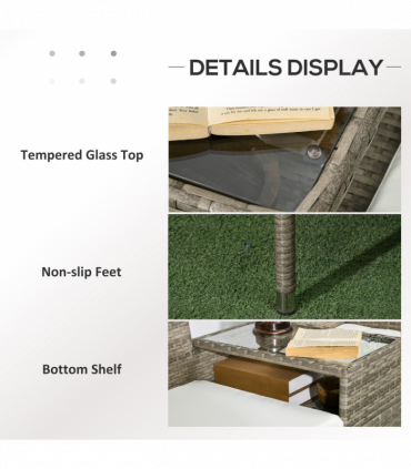 Outsunny Rattan Garden Bench w/ Glass Tea Table, Wicker Chair w/ Cushions, Grey