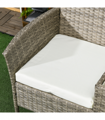 Outsunny Rattan Garden Bench w/ Glass Tea Table, Wicker Chair w/ Cushions, Grey
