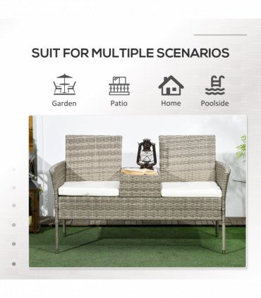 Outsunny Rattan Garden Bench w/ Glass Tea Table, Wicker Chair w/ Cushions, Grey