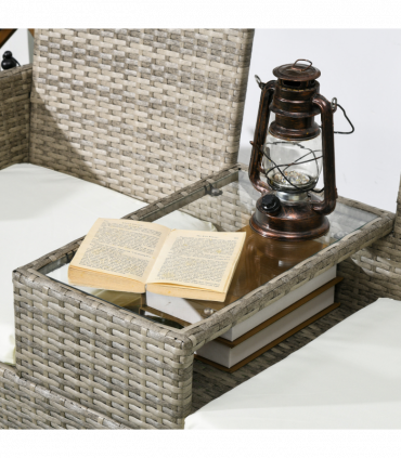 Outsunny Rattan Garden Bench w/ Glass Tea Table, Wicker Chair w/ Cushions, Grey
