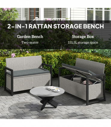 Outsunny Rattan Garden Bench with Storage, Inner Bag, 151.5L Outdoor Bench