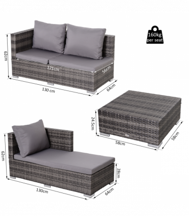 Outsunny Rattan Garden Sofa Set Storage Table Wicker Patio Lounger 4-Seater Grey