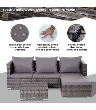 Outsunny Rattan Garden Sofa Set Storage Table Wicker Patio Lounger 4-Seater Grey