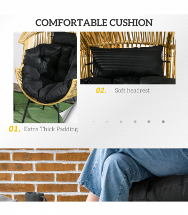 Outsunny Rattan Leisure Chair w/ Cushion, Garden Egg Chair with Headrest, Sand