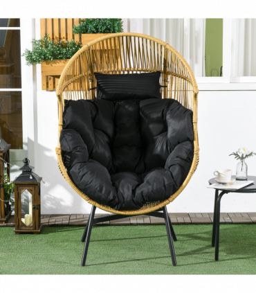 Outsunny Rattan Leisure Chair w/ Cushion, Garden Egg Chair with Headrest, Sand