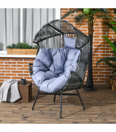 Outsunny Rattan Leisure Chair with Cushion, Garden Egg Chair with Headrest, Grey