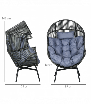Outsunny Rattan Leisure Chair with Cushion, Garden Egg Chair with Headrest, Grey