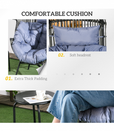 Outsunny Rattan Leisure Chair with Cushion, Garden Egg Chair with Headrest, Grey