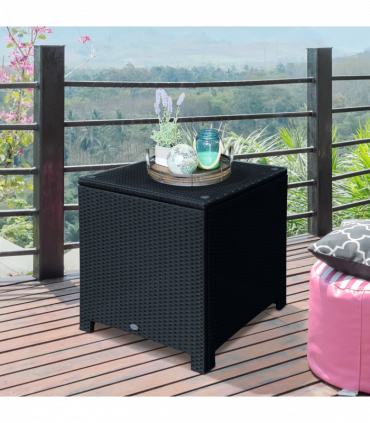 Outsunny Rattan Side Table Patio Frame Tempered Glass Outdoor Wicker-Black