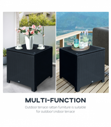 Outsunny Rattan Side Table Patio Frame Tempered Glass Outdoor Wicker-Black