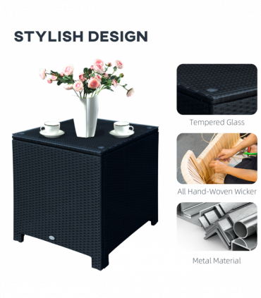 Outsunny Rattan Side Table Patio Frame Tempered Glass Outdoor Wicker-Black