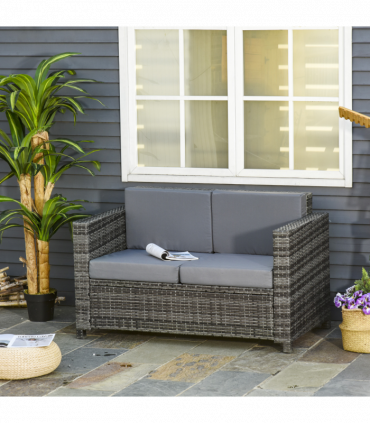 Outsunny Rattan Wicker 2-seat Sofa Loveseat Padded Garden Furniture Grey