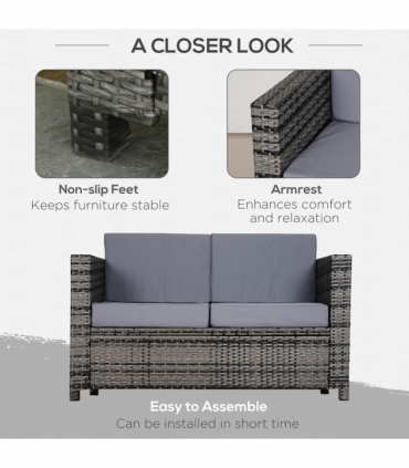 Outsunny Rattan Wicker 2-seat Sofa Loveseat Padded Garden Furniture Grey
