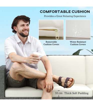 Outsunny Rattan Wicker 3-seater Sofa Chair Patio Furniture w/ Cushion Cream