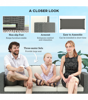 Outsunny Rattan Wicker 3-seater Sofa Chair Patio Furniture w/ Cushion Cream